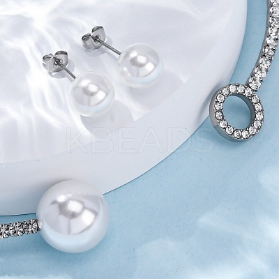 Round Plastic Imitation Pearl Stud Earrings & Cubic Zirconia Rhinestone Cuff Choker Necklaces Sets SJEW-U003-05P-1