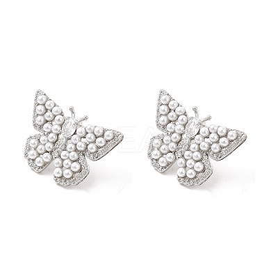 Clear Cubic Zirconia Butterfly Stdud Earrings with ABS Pearl Beaded EJEW-P213-06P-1