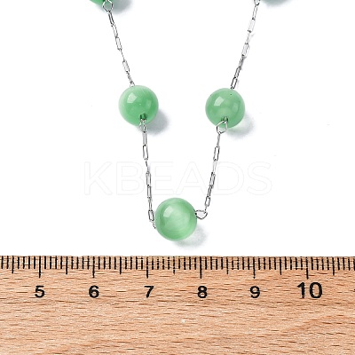 304 Stainless Steel Cat Eye Round Beads Handmade Chain Necklaces for Women NJEW-C073-01P-04-1