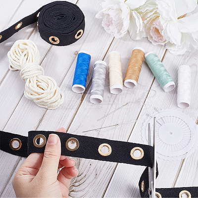 4 Yards Cotton Ribbons with Golden Tone Eyelet Rings OCOR-GF0002-89-1