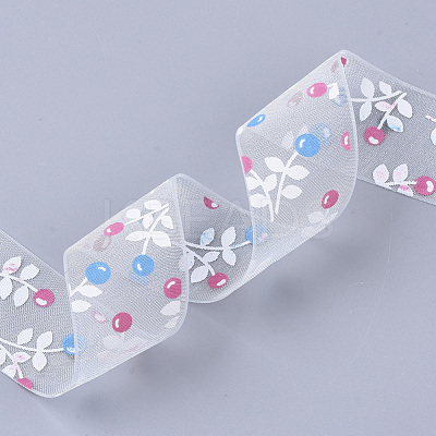 Flower Pattern Printed Polyester Organza Ribbons ORIB-Q034-04-1