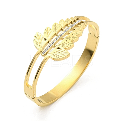 304 Stainless Steel Pave Crystal Rhinestone Hollow Out Leaf Hinged Bangles for Women BJEW-D044-03A-G-1
