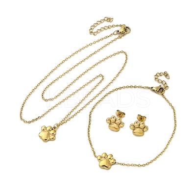 Dog Paw Print 304 Stainless Steel Pendant Necklaces & Bracelets & Stud Earrings Sets for Women SJEW-C004-20G-1