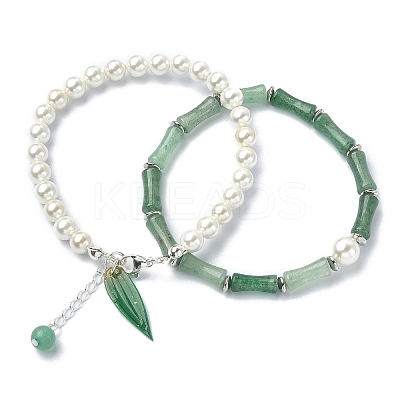 2Pcs 2 Style Natural Green Aventurine Bamboo & Shell Pearl Beaded Stretch Bracelets Set BJEW-TA00309-1