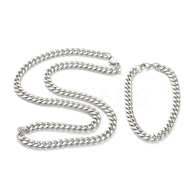 304 Stainless Steel Cuban Link Chain Bracelets & Necklaces Jewelry Sets SJEW-B019-03B-P-1