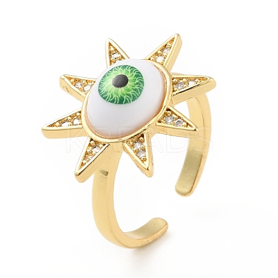 Cubic Zirconia Sun with Evil Eye Open Cuff Ring with Acrylic RJEW-B042-09G-04-1