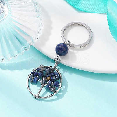 Natural Lapis Lazuli Chips Flat Round with Tree of Life Kcychain KEYC-JKC00563-01-1