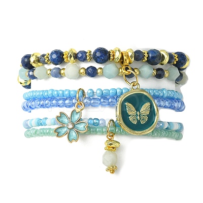 4Pcs 4 Style Natural Mixed Gemstone & Seed Beaded Stretch Bracelets Set BJEW-JB09606-03-1