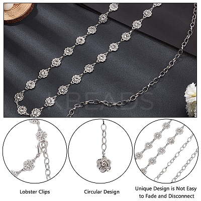 1Pc Iron Rhinestone Sparkling Flower Link Chains Belt with Alloy Cable Chains AJEW-FG0003-49-1
