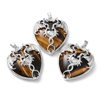 Natural Tiger Eye Heart Pendant Rhinestone Settings G-K339-01P-03-1