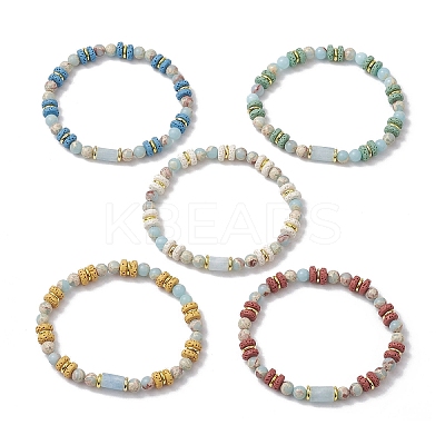 Natural Lava Rock & Synthetic Aqua Terra Jasper & Natural Aquamarine Beads Strethch Bracelets BJEW-JB11666-1