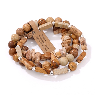 3Pcs Natural Picture Jasper Bead Bracelet Sets for Men PW-WG3CBCD-04-1