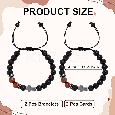 Adjustable Natural Yellow Tiger Eye & Obsidian Round Beaded Braided Bead  Bracelets BJEW-WH0023-97-1