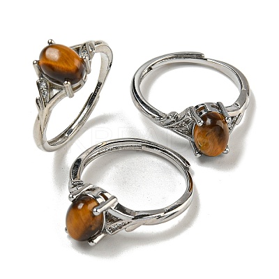 Oval Natural Tiger Eye Adjustable Rings RJEW-Q818-01P-10A-1