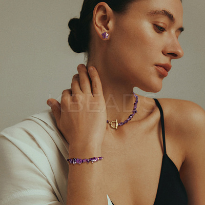 Naturl Amethyst Chip with 304 Stainless Steel Beaded Necklace & Braided Bead Bracelet & Star Stud Earring FS-WG0BBF5-01-1