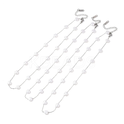 304 Stainless Steel with ABS Plastic Pearl Flat Round Bead Cable Chain Necklaces for Women NJEW-G190-03P-1