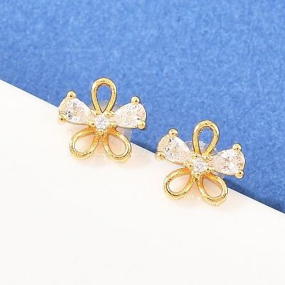 Flower Brass Micro Pave Clear Cubic Zirconia Stud Earrings for Women EJEW-A150-03G-1