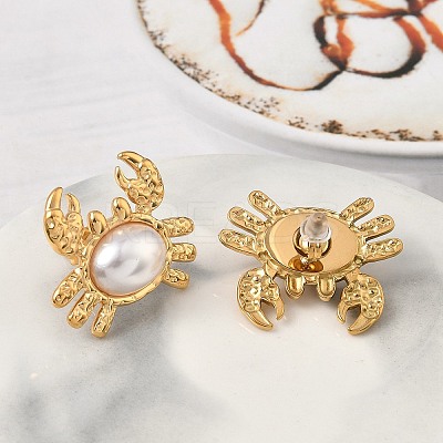 304 Stainless Steel ABS Imitation Pearl Crab Stud Earrings EJEW-K268-59G-1