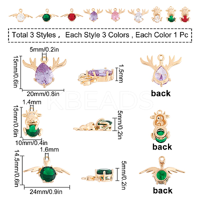 9Pcs 3 Styles 3 Colors Brass Glass Rhinestone Pendants GLAA-SC0001-38LG-1
