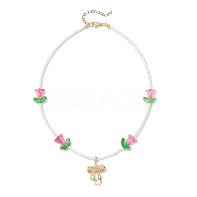 Alloy Bowknot Pendant Tulip Flower Glass Seed Beaded Necklaces for Women NJEW-MZ00148-02-1