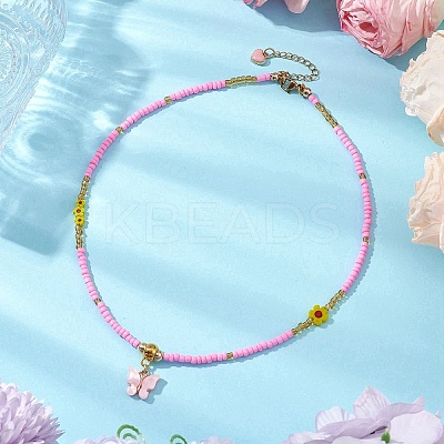 Glass Seed Beads & Flower Handmade Lampwork Beaded Necklaces NJEW-MZ00065-01-1