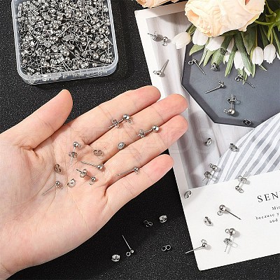 100Pcs 3 Styles Original Color 304 Stainless Steel Ball Post Stud Earring Findings STAS-YW0003-06-1