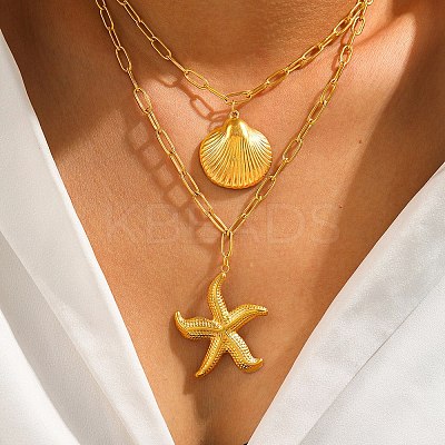 Bohemian Styles 304 Stainless Steel Starfish and Shell Shape Pendant Double Layer Necklaces for Women NJEW-F343-01G-1