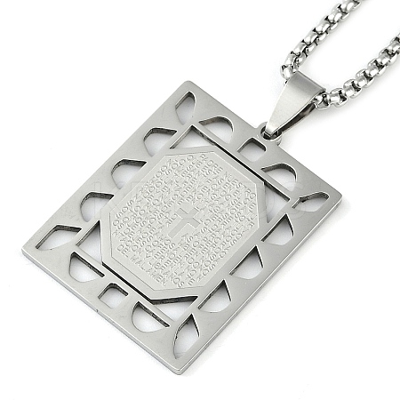 201 Stainless Steel Hollow Rectangle with Cross Pendant Box Chain Necklaces LS-NJEW-D089-06P-1