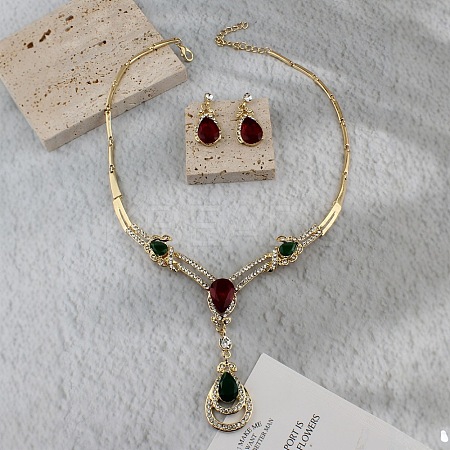 Teardrop Alloy Rhinestone Pendant Necklaces & Stud Dangle Earrings Sets for Women FS-WGFB3C6-01-1