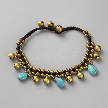 Bohemian Styles Brass Bell & Synthetic Turquoise Teardrop Tassel Anklets AJEW-WH0070-50B-1