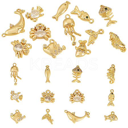 12Pcs 12 Styles Ocean Theme Brass Micro Pave Cubic Zirconia Pendants KK-TA0003-33-1