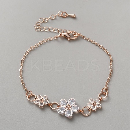 Brass Micro Pave Clear Cubic Zirconia Flower Link Bracelets for Women BJEW-WH0012-52RG-1