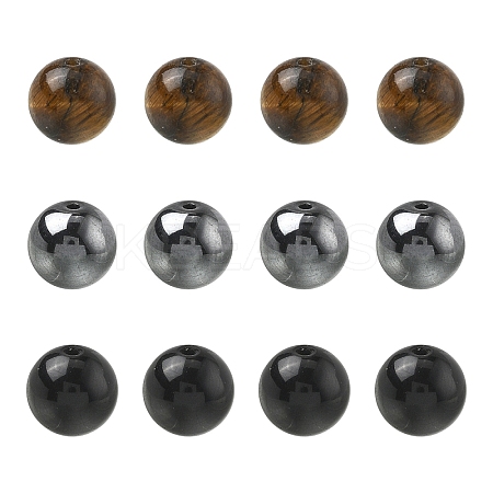 60Pcs 3 Styles Natural Tiger Eye & Obsidian & Synthetic Non-Magnetic Hematite Round Beads G-YW0002-73-1