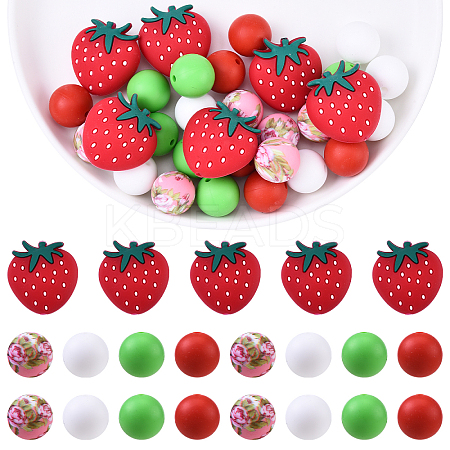 30Pcs Roumd & Strawberry Food Grade Eco-Friendly Silicone Focal Beads SIL-YW0001-69-1