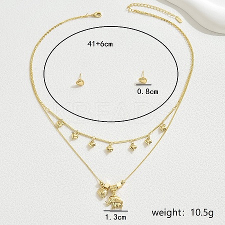 Elegant Copper Heart Elephant Brass Pendant Multi-layer Necklace & Stud Earring Sets for Women Casual Party BW4596-1