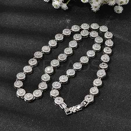 Brass Micro Pave Clear Cubic Zirconia Flat Round Link Chain Necklaces for Women NJEW-B157-18P-1