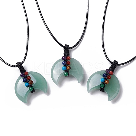 Adjustable Natural Green Aventurine Double Horn Pendant Necklace with Wax Cord for Women NJEW-B086-01G-1