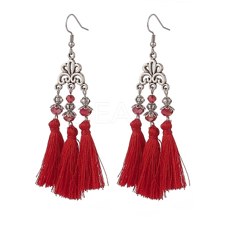 Polyester Tassel with Glass Beaded Chandelier Earrings EJEW-TA00183-03-1