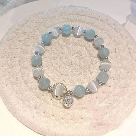 Round Alloy & Cat Eye & Natural Aquamarine Round Beaded Charm Bracelets for Women WG9D4EC-10-1