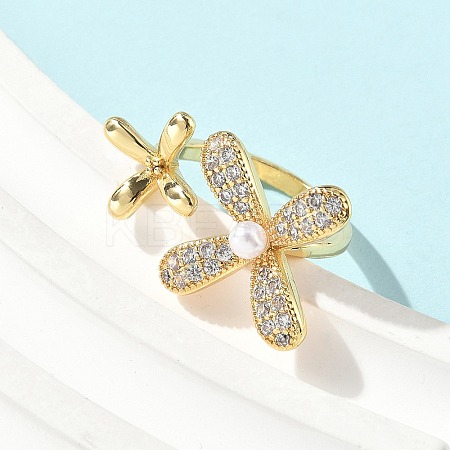 Brass Micro Pave Cubic Zirconia ABS Imitation Pearl Cuff Rings LS-RJEW-D307-02G-A-1