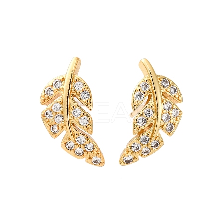 Clear Cubic Zirconia Feather Stud Earrings EJEW-P196-15G-1-1