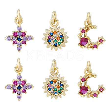 6Pcs 3 Style Brass Micro Pave Cubic Zirconia Charms KK-DC0003-17-1