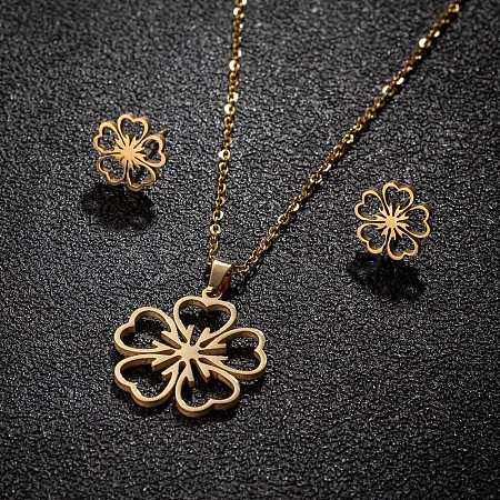 Stainless Steel Flower Stud Earrings & Pendant Necklaces Sets for Women PW-WG215D6-03-1