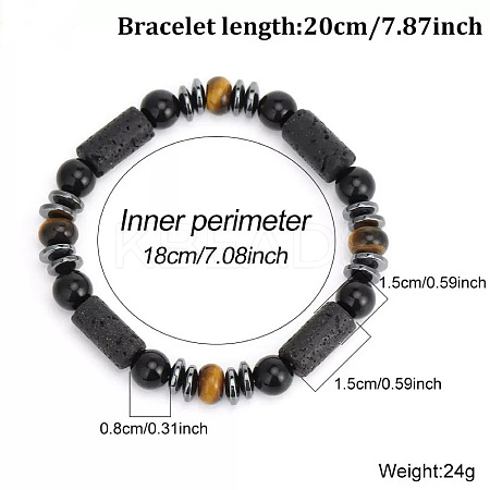 European Synthetic Non-magnetic Hematite & Natural Obsidian & Lava Rock & Tiger Eye Beaded Stretch Bracelets for Men XR3727-3-1