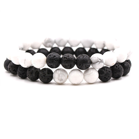 2Pcs 2 Styles Natural Howlite & Lava Rock Round Beaded Stretch Bracelets for Couple FS-WGA2A2E-06-1