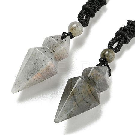 Natural Labradorite Conical Pendulum Pendant Necklace with Nylon Cord for Women NJEW-B106-01F-1