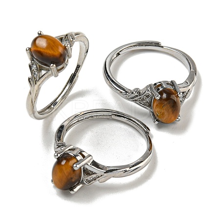 Oval Natural Tiger Eye Adjustable Rings RJEW-Q818-01P-10A-1