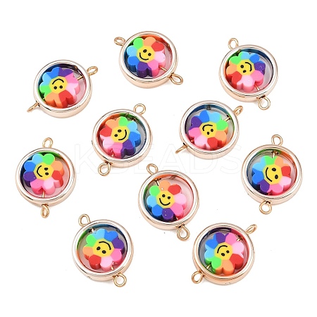 CCB Plastic Frame with Polymer Clay Smiling Face Flower Beads Flat Round Links Connector Charms KK-D103-10A-RG-1