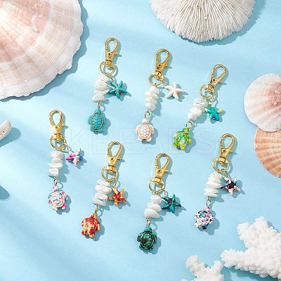 7Pcs Starfish & Sea Turtle Synthetic Turquoise & Natural White Mother of Pearl Shell Chip Pendant Decorations HJEW-JM03168-1