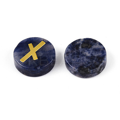 Brass Elder Futhark Alphabet Engraved Symbol Flat Round Natural Sodalite Rune Stones G-I373-01J-1